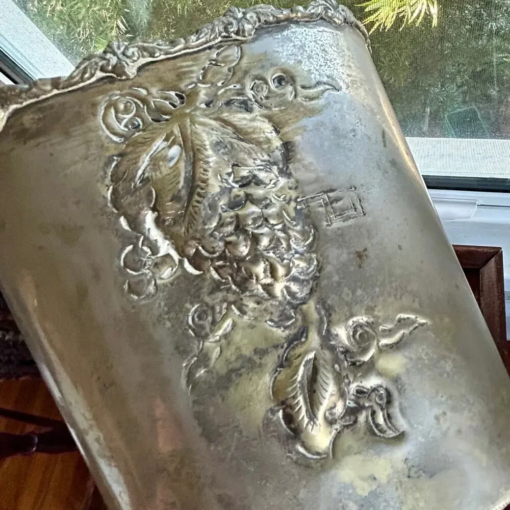 Vintage Bronze Tone Metal Raised Relief Floral Grapes Basket Bucket Flower Bin